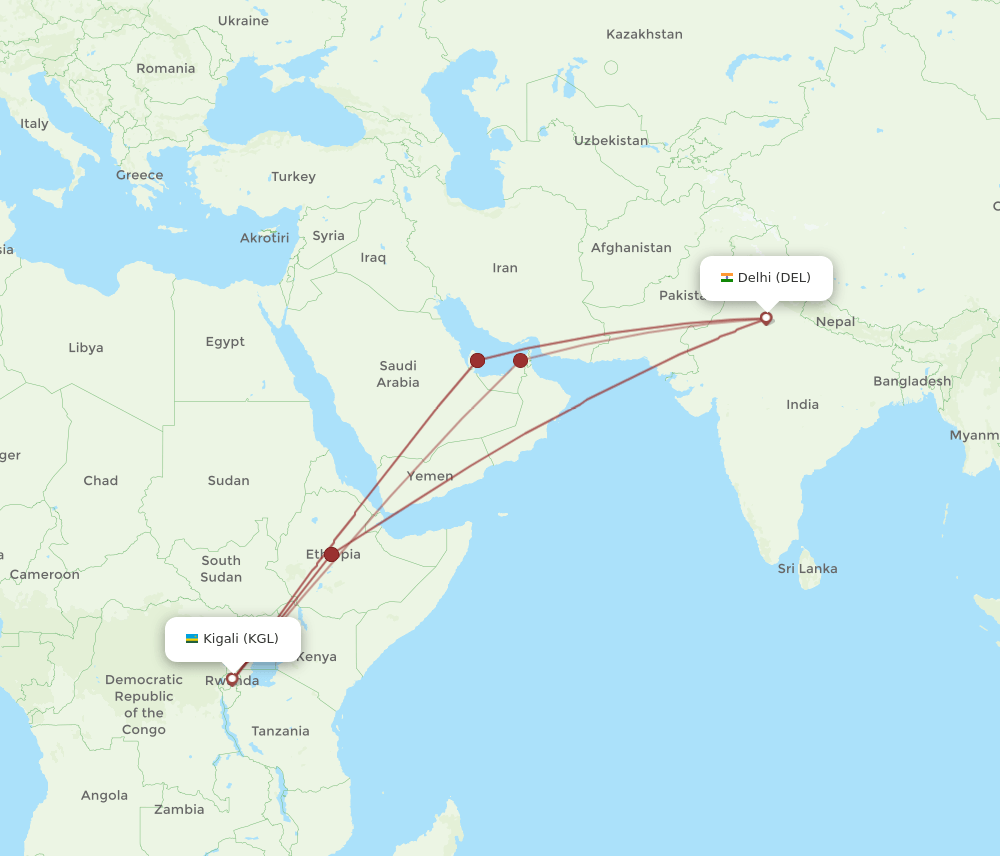 DEL to KGL flights and routes map