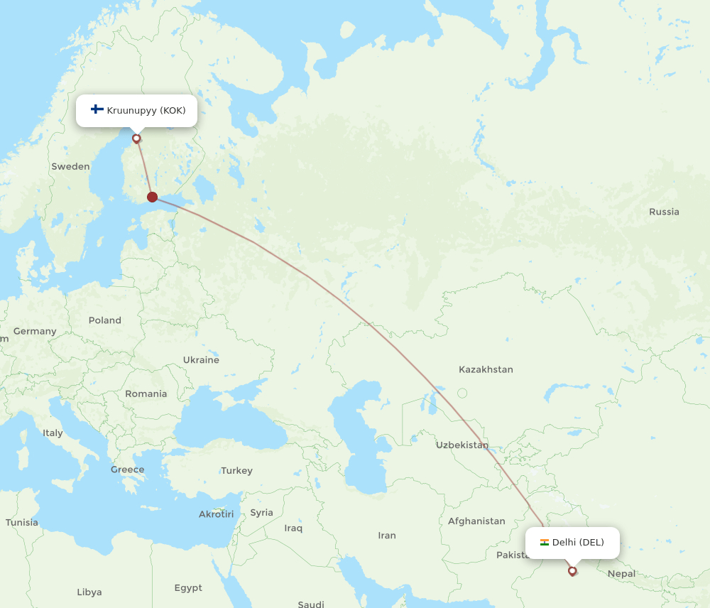 Kokkola/Pietarsaari - Delhi route map and flight paths