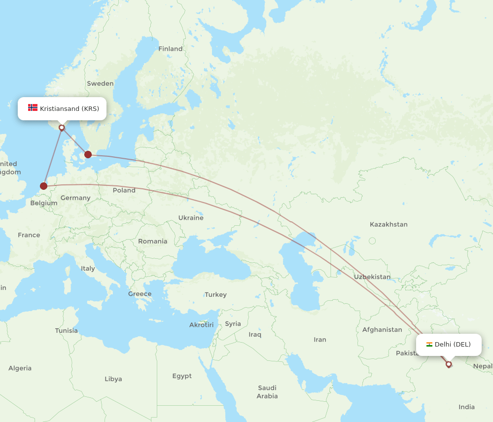 DEL-KRS flight routes