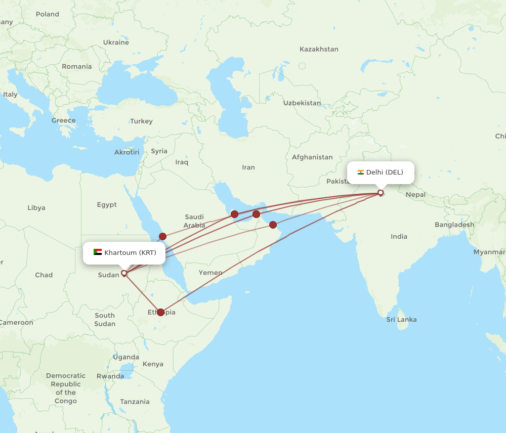 Delhi - Khartoum route map and flight paths