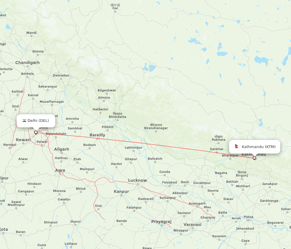 DEL to KTM flights and routes map