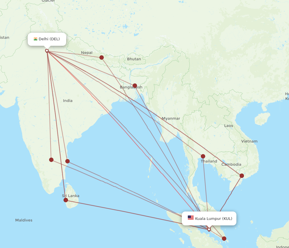 DEL to KUL flights and routes map