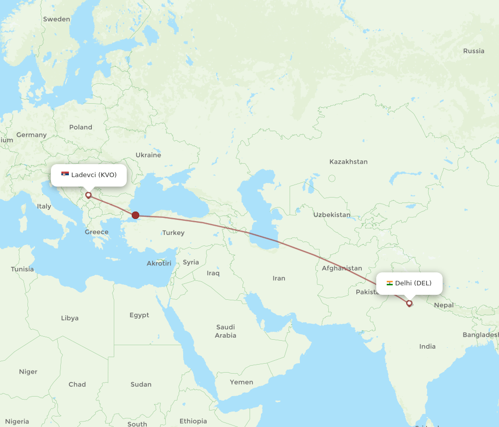 Kraljevo - Delhi route map and flight paths