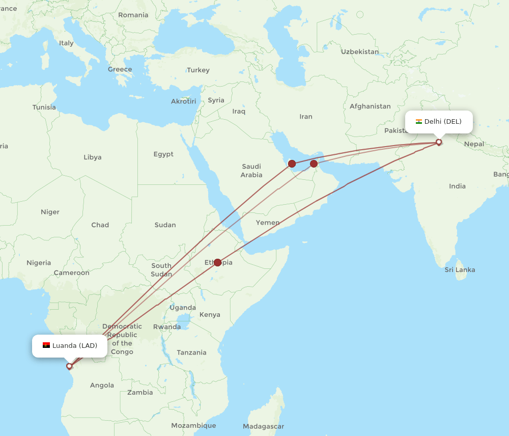 DEL-LAD flight routes