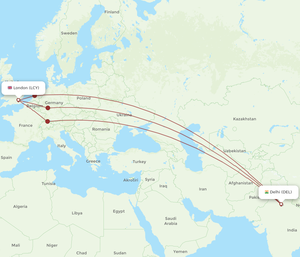 DEL to LCY flights and routes map