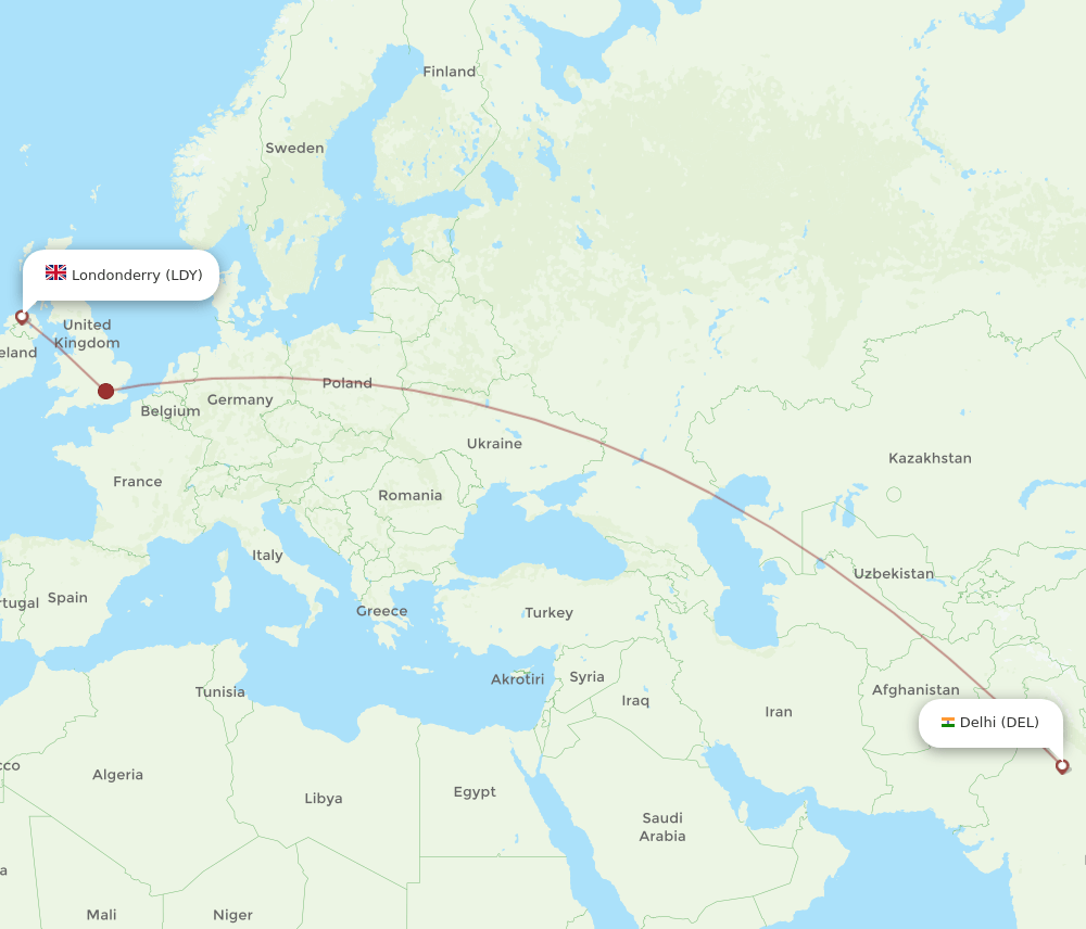 DEL-LDY flight routes
