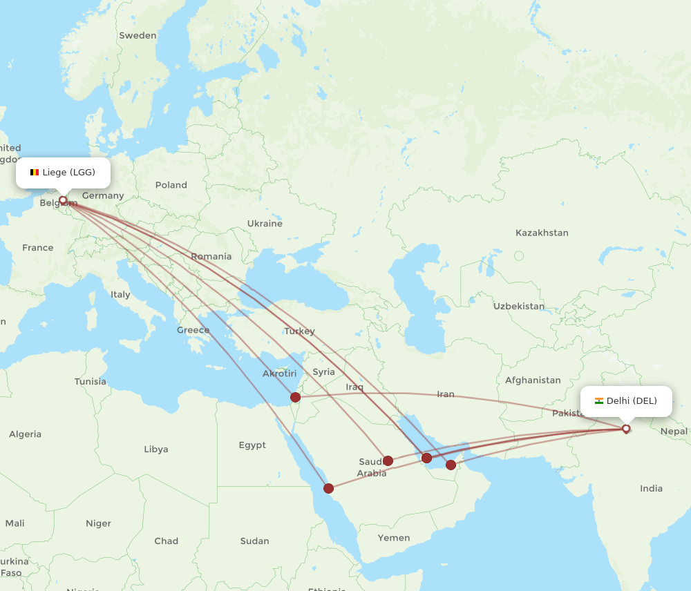 Delhi - Liege route map and flight paths