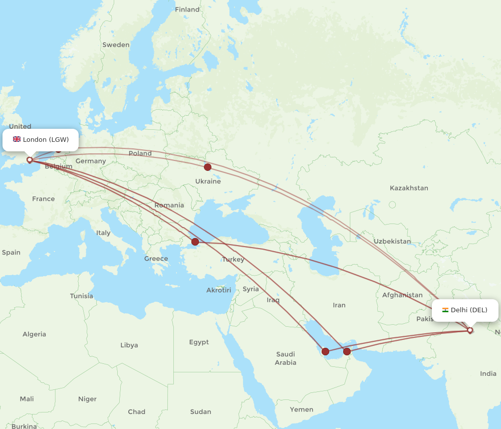 DEL to LGW flights and routes map
