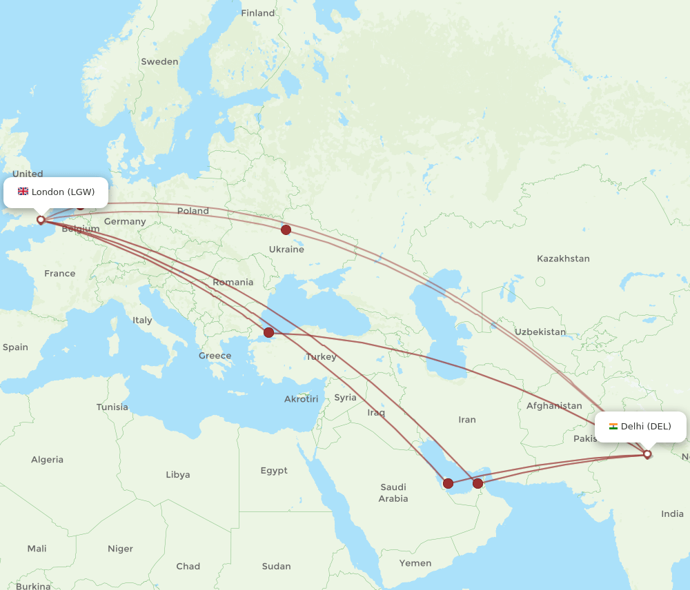 DEL-LGW flight routes