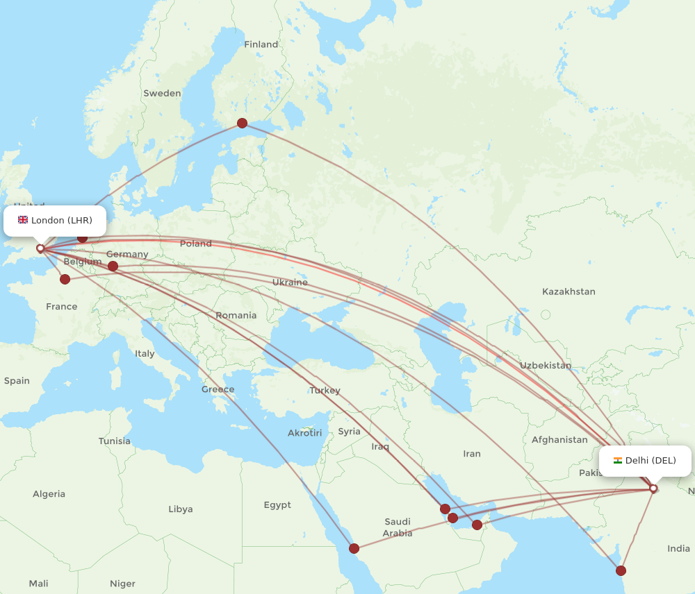 DEL to LHR flights and routes map
