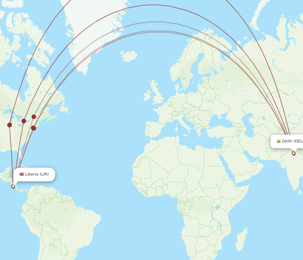 DEL to LIR flights and routes map