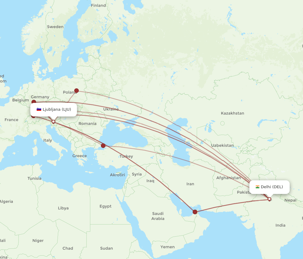 DEL to LJU flights and routes map
