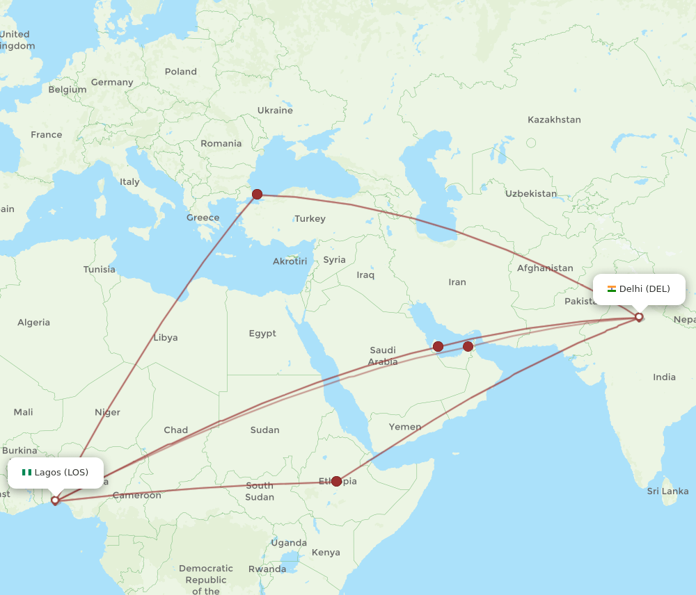 DEL to LOS flights and routes map