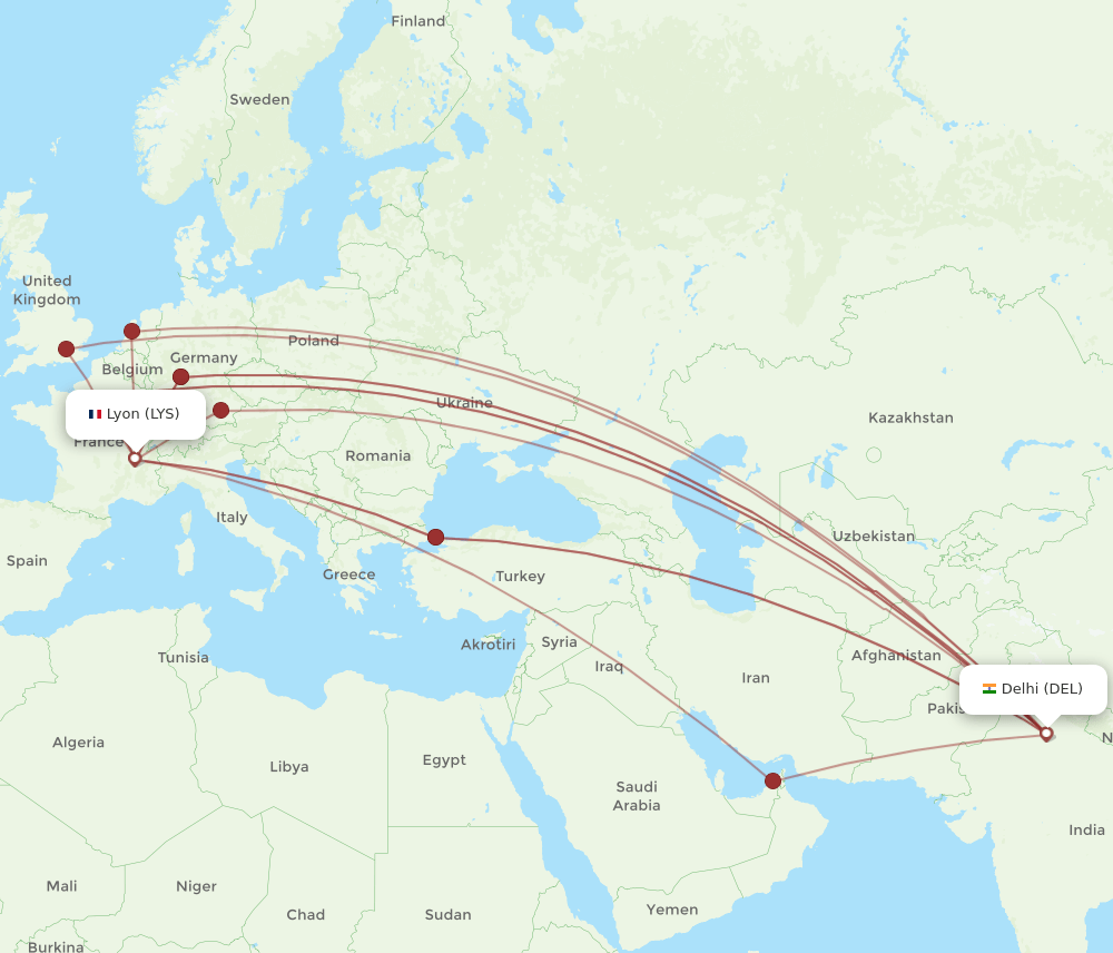 DEL to LYS flights and routes map