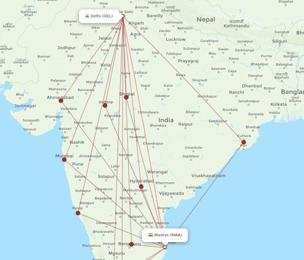 DEL to MAA flights and routes map
