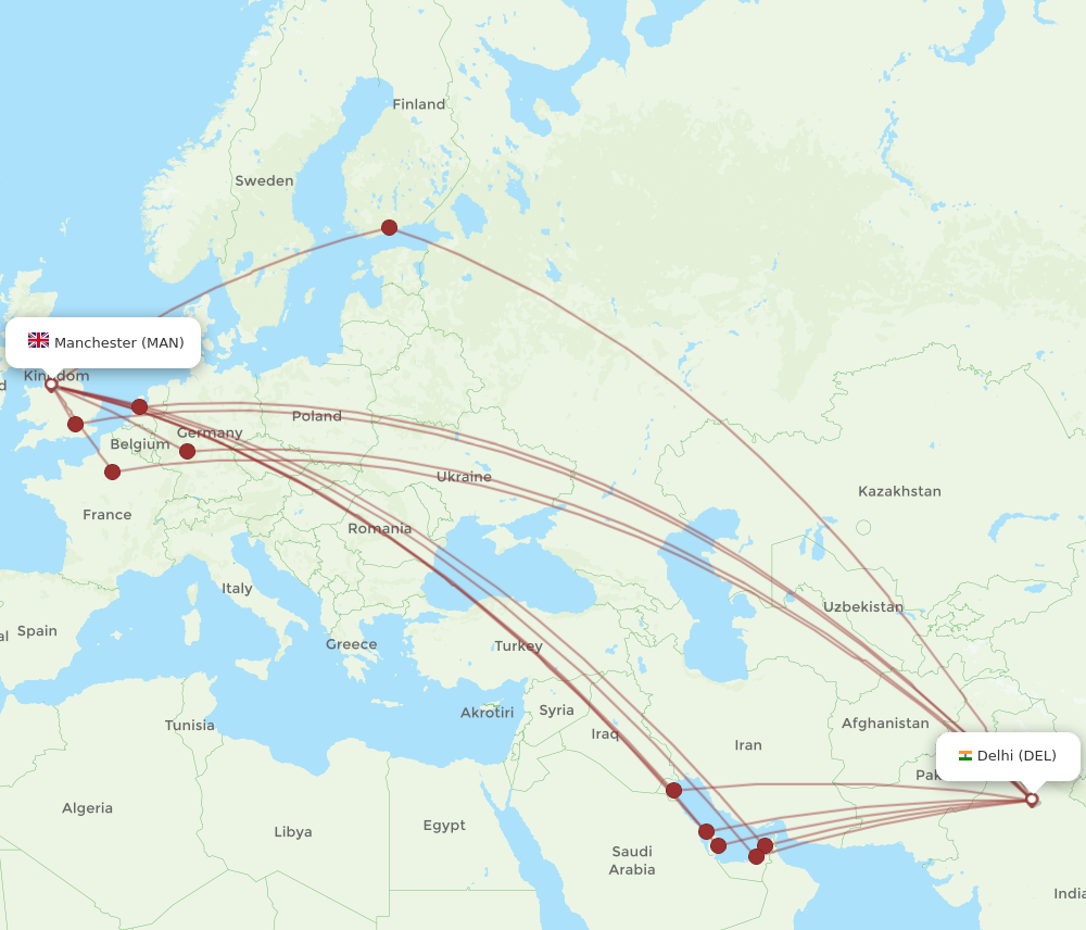 DEL to MAN flights and routes map