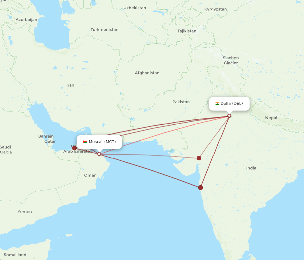 DEL to MCT flights and routes map