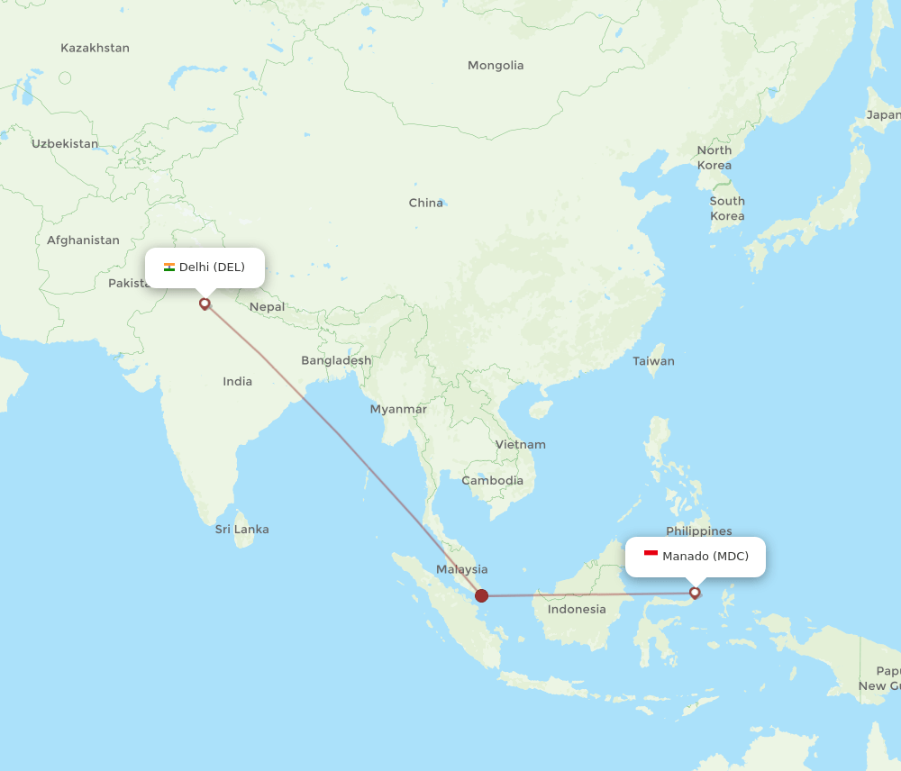 Manado - Delhi route map and flight paths