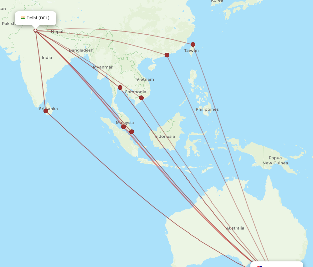 DEL to MEL flights and routes map