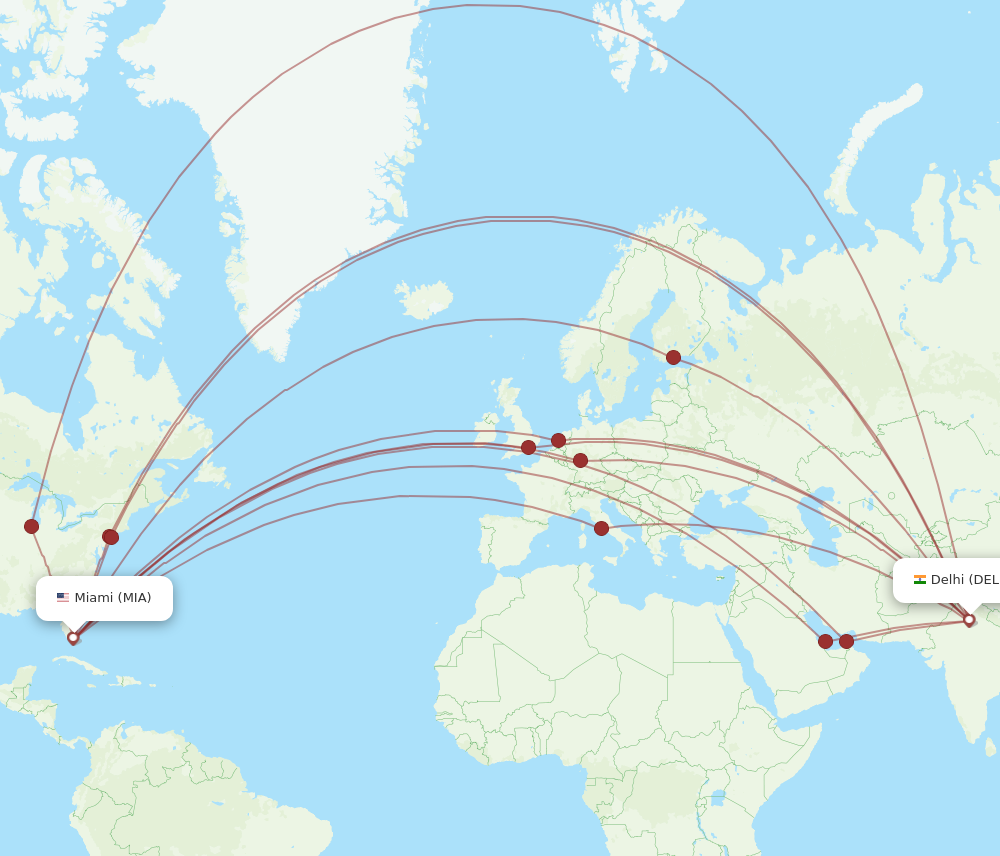 DEL to MIA flights and routes map