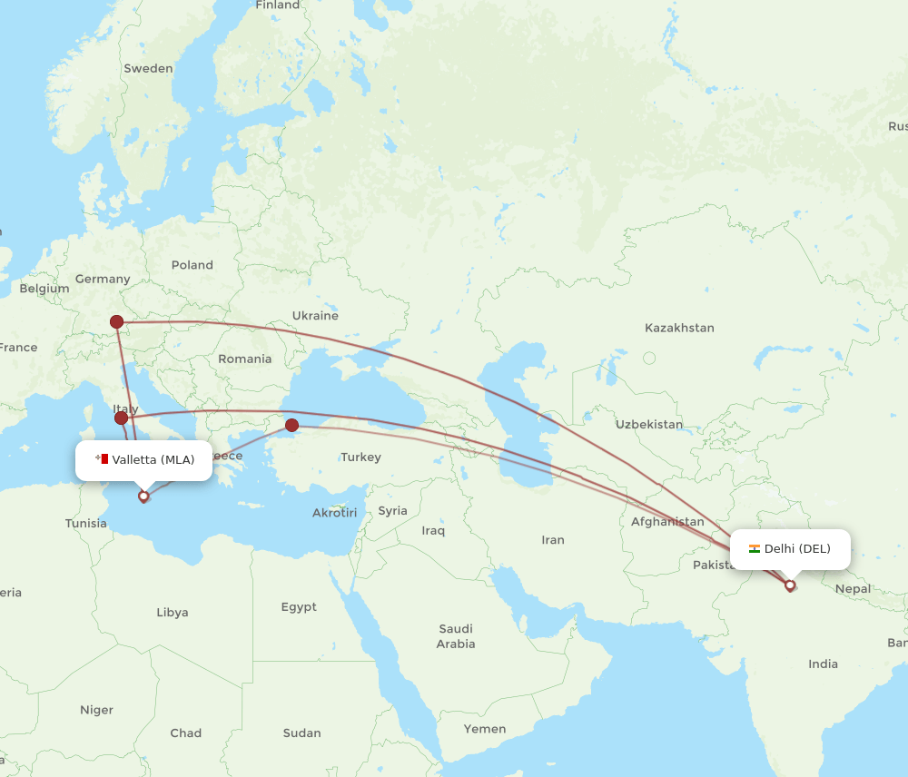 DEL to MLA flights and routes map
