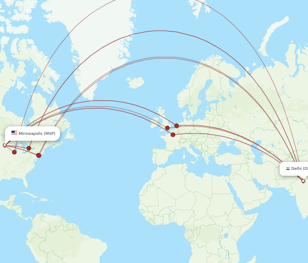 DEL to MSP flights and routes map
