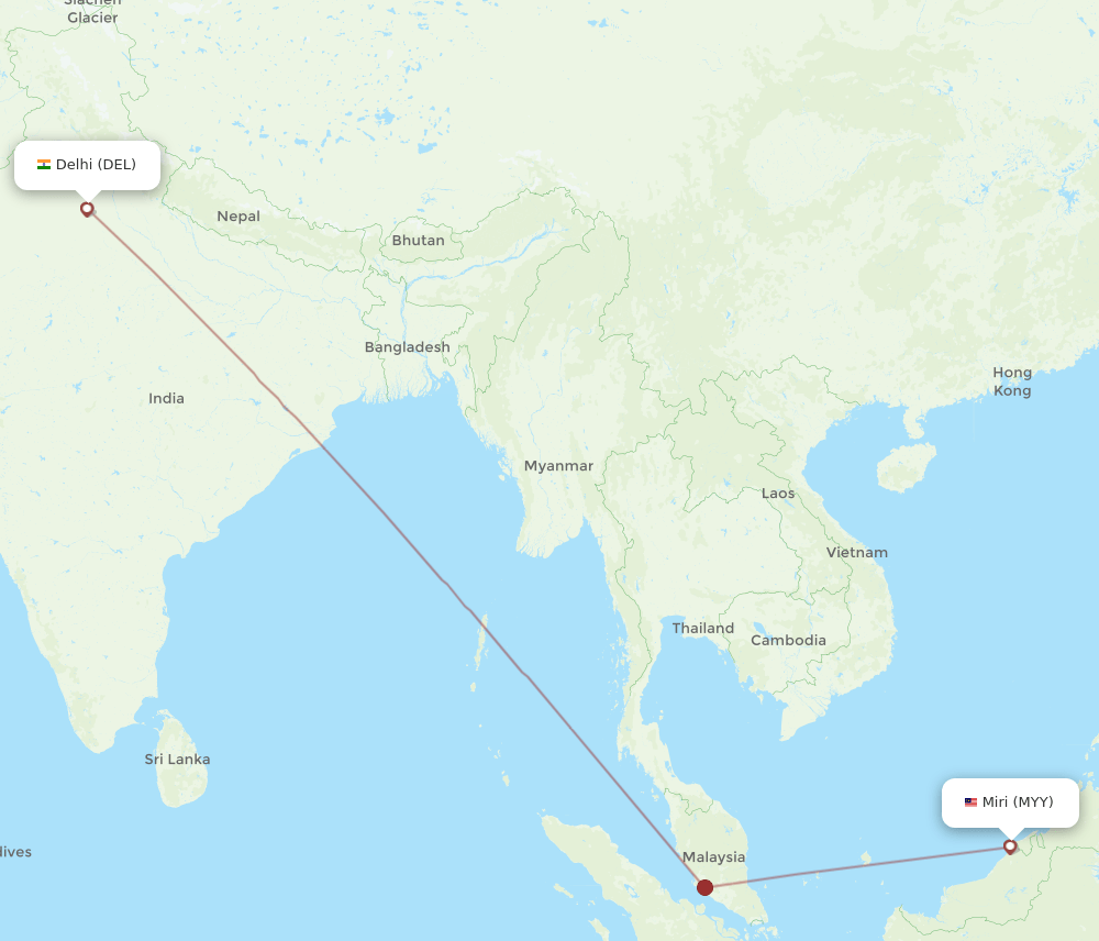 DEL to MYY flights and routes map