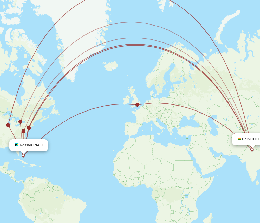 DEL-NAS flight routes