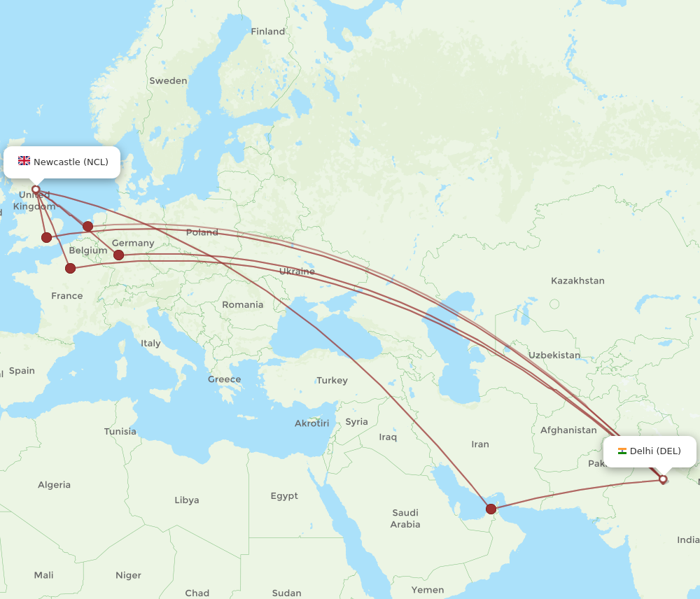 DEL to NCL flights and routes map