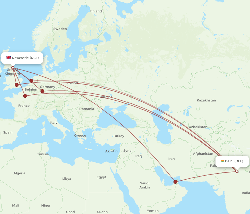 DEL-NCL flight routes