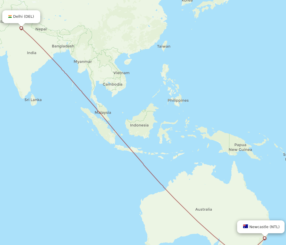 Delhi - Newcastle route map and flight paths