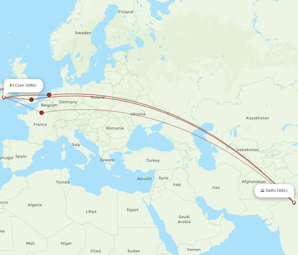DEL-ORK flight routes