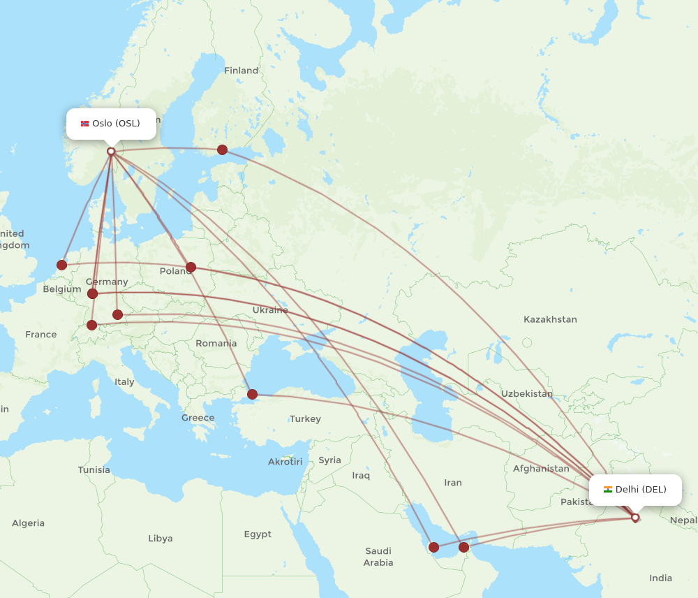 DEL to OSL flights and routes map