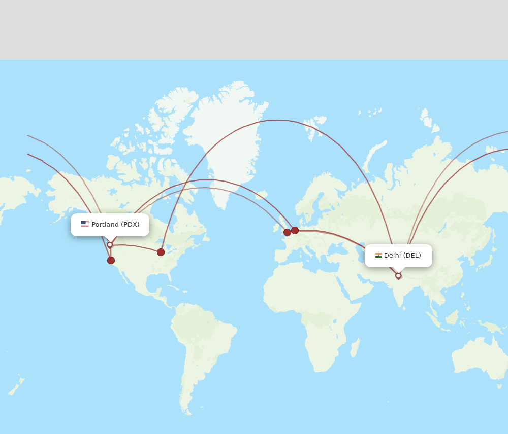 DEL to PDX flights and routes map