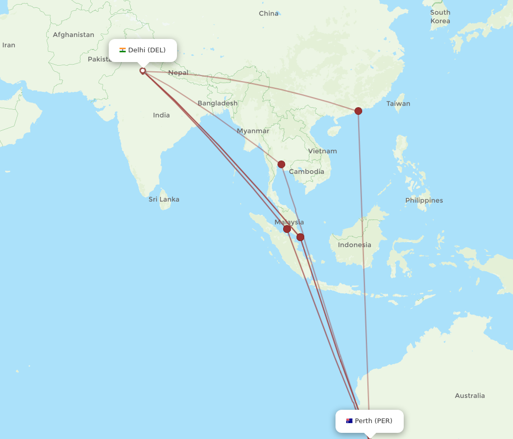 DEL to PER flights and routes map