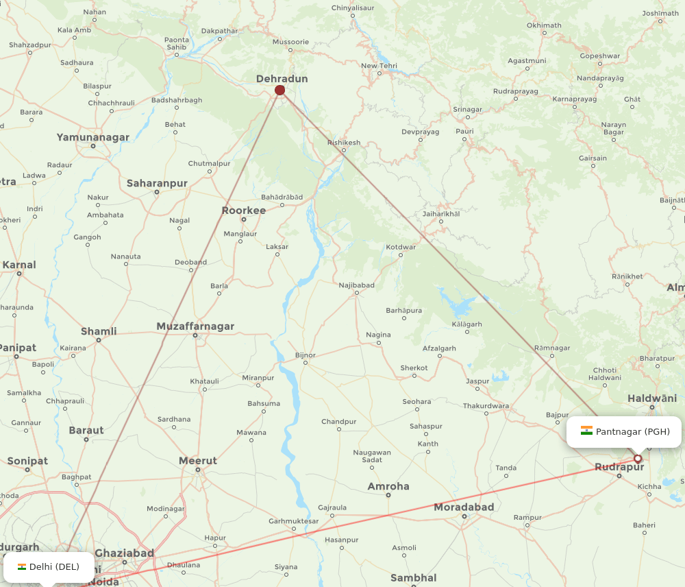 Delhi - Pantnagar route map and flight paths