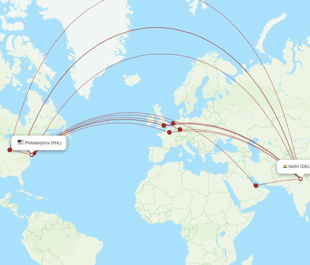 DEL to PHL flights and routes map