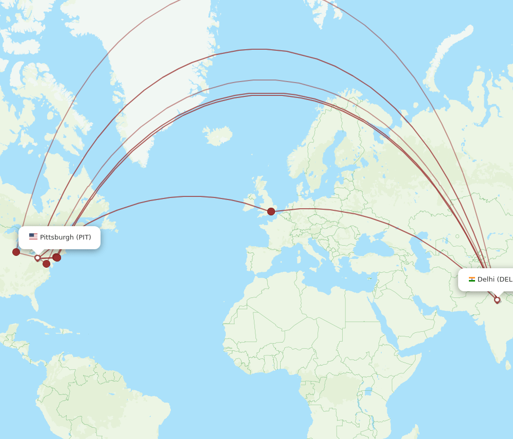 DEL to PIT flights and routes map