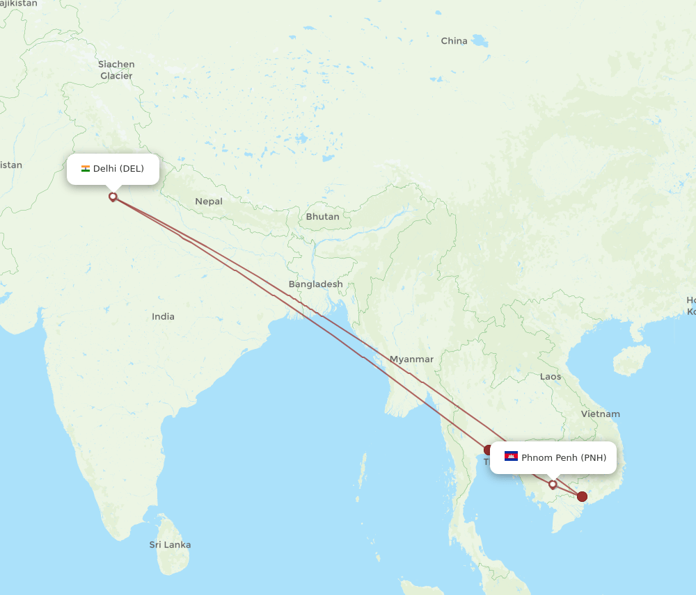 DEL-PNH flight routes
