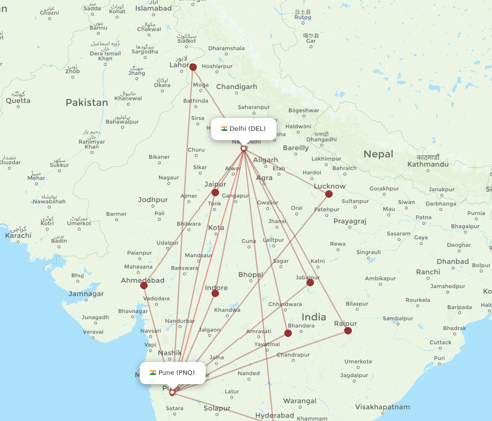 DEL to PNQ flights and routes map