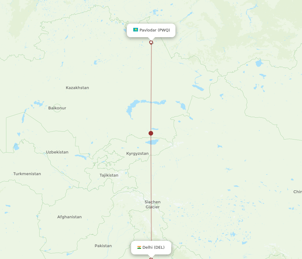 Pavlodar - Delhi route map and flight paths