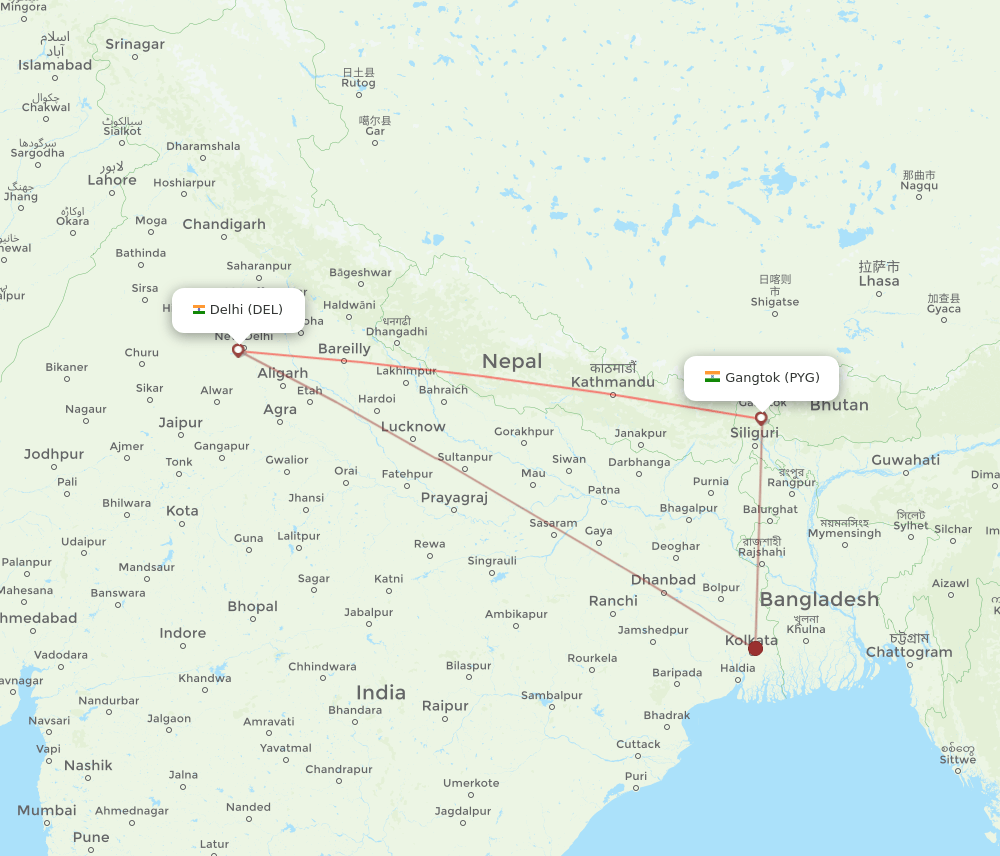 Delhi - Pakyong route map and flight paths