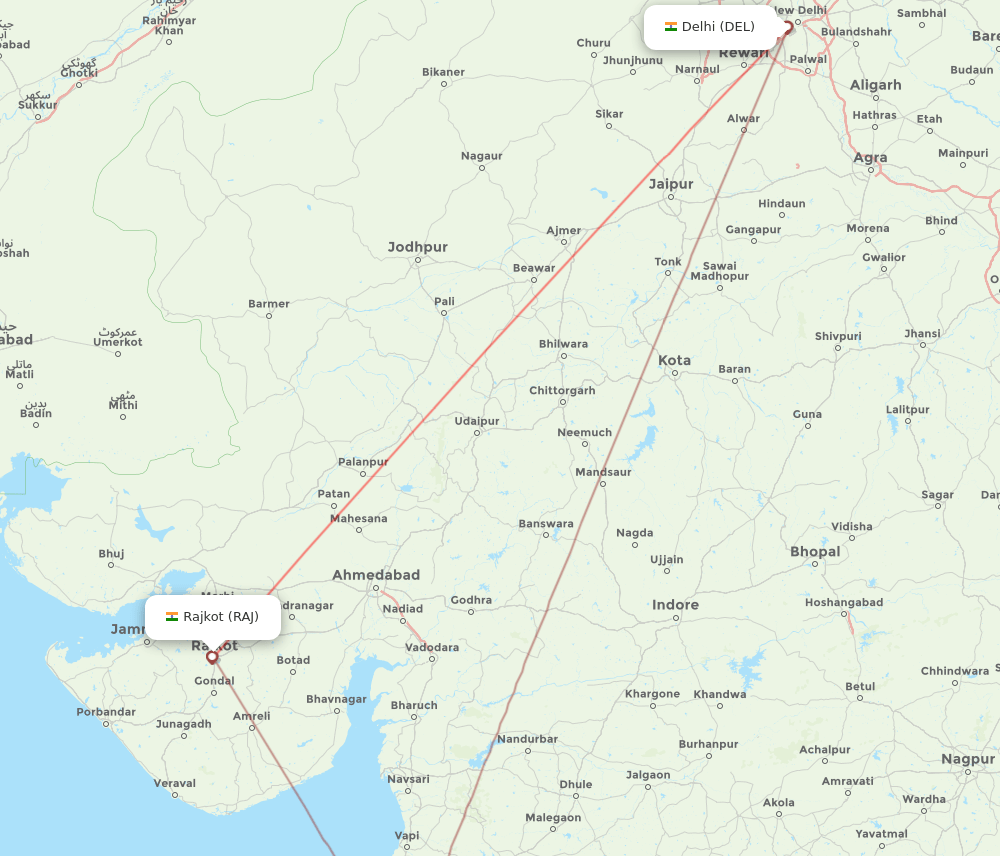 Delhi - Rajkot route map and flight paths