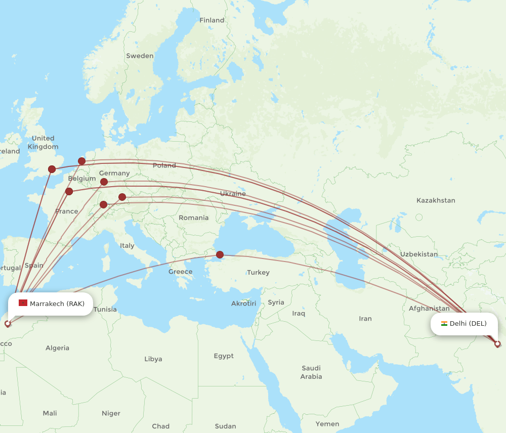 DEL-RAK flight routes