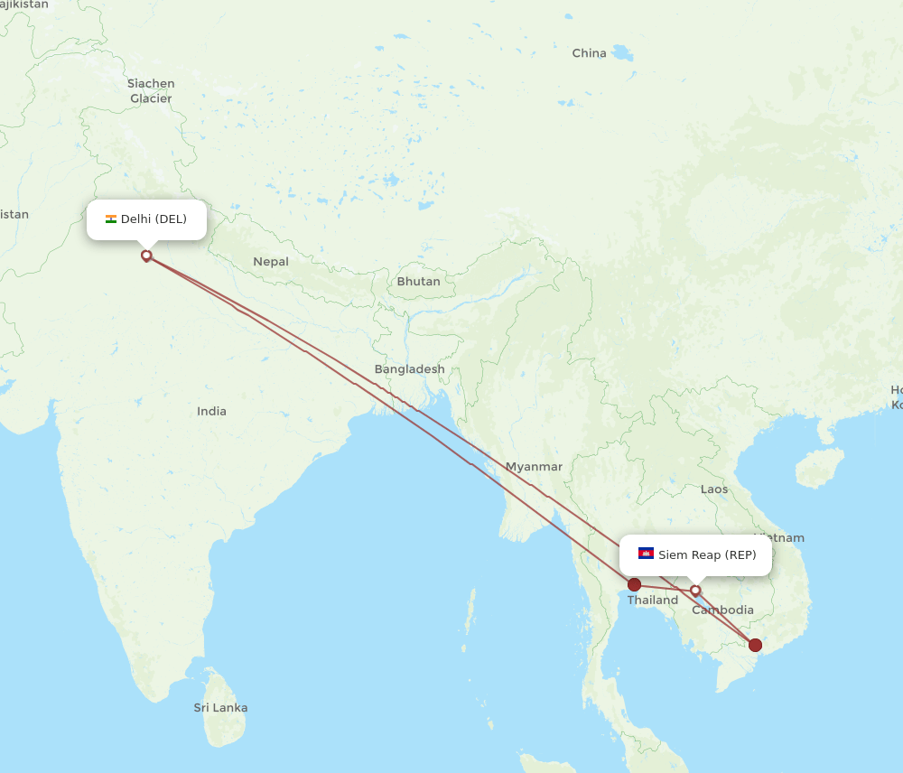 Delhi - Siem Reap route map and flight paths
