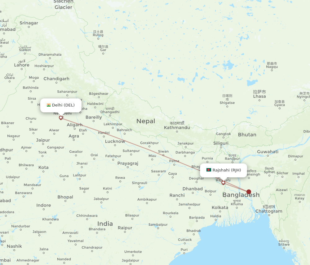 Rajshahi - Delhi route map and flight paths