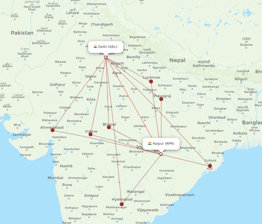 DEL to RPR flights and routes map