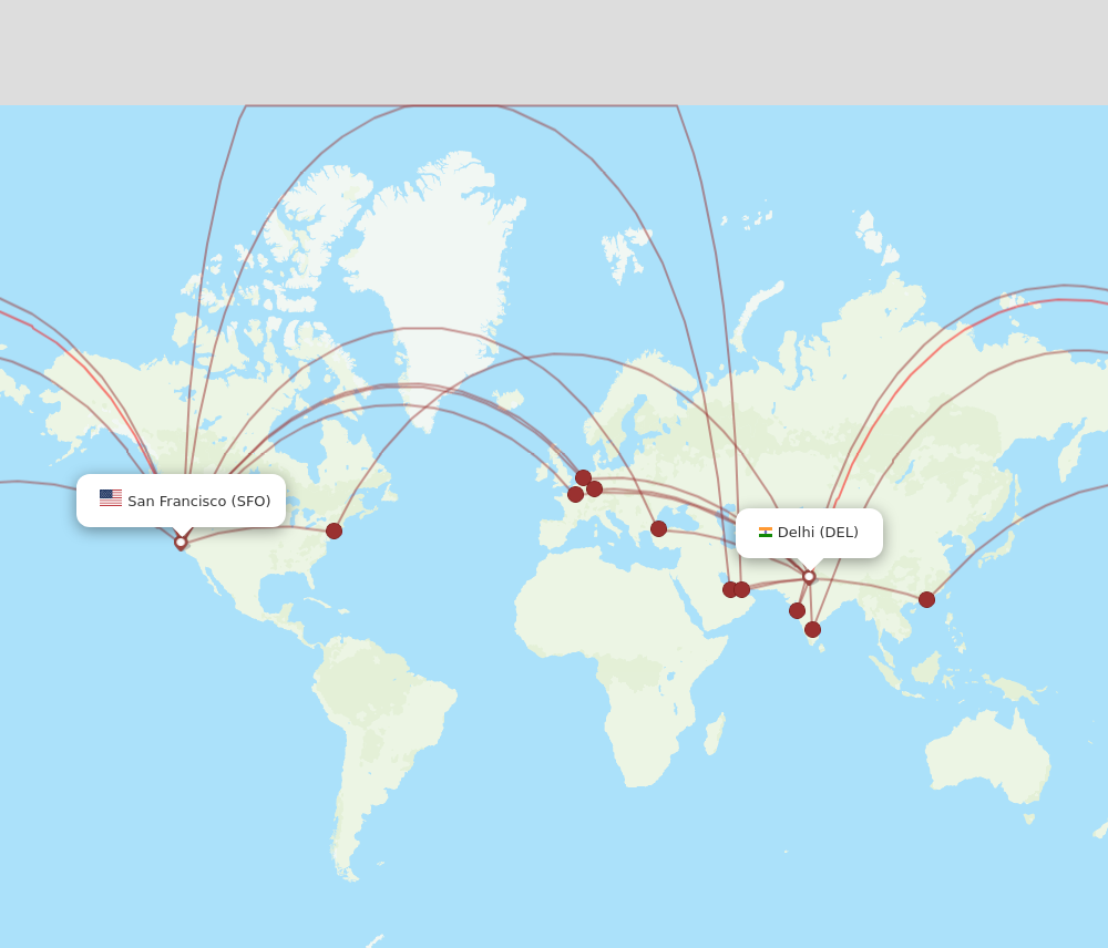 DEL to SFO flights and routes map