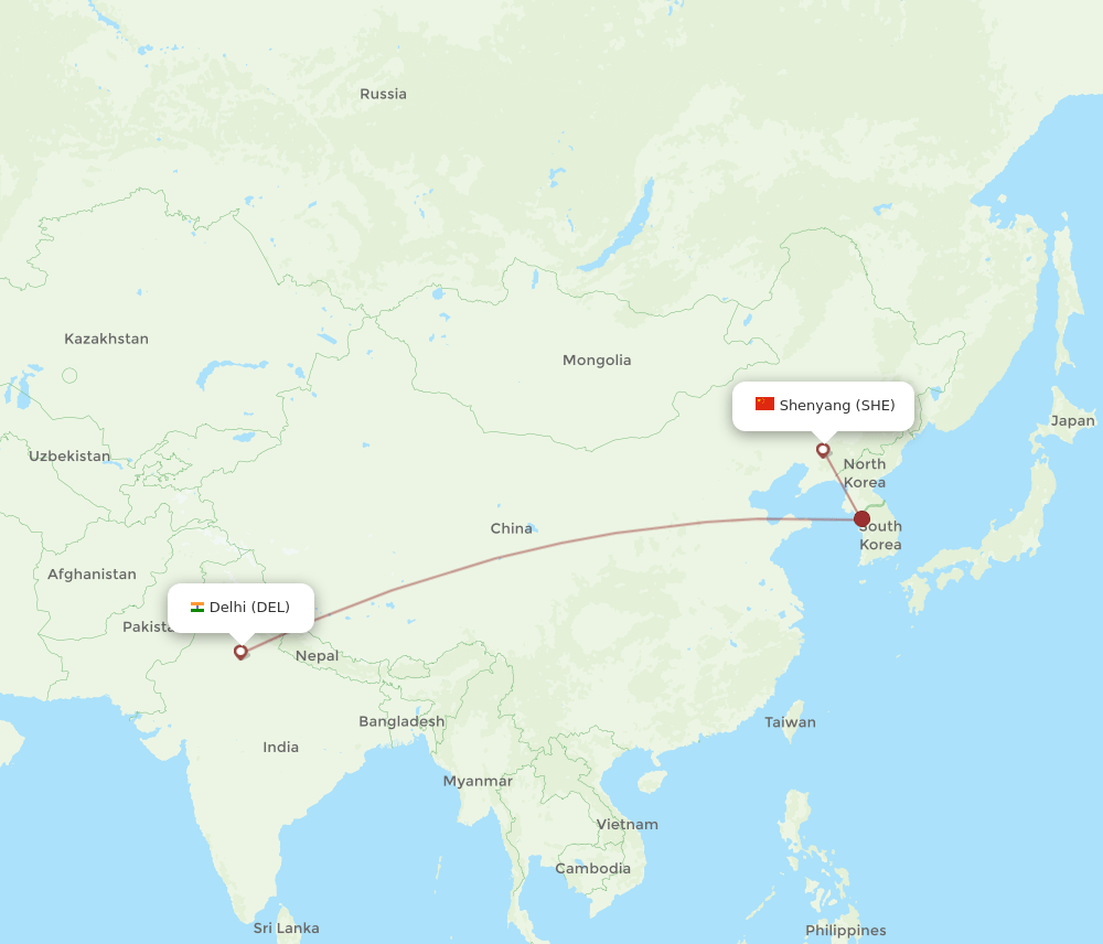 DEL to SHE flights and routes map