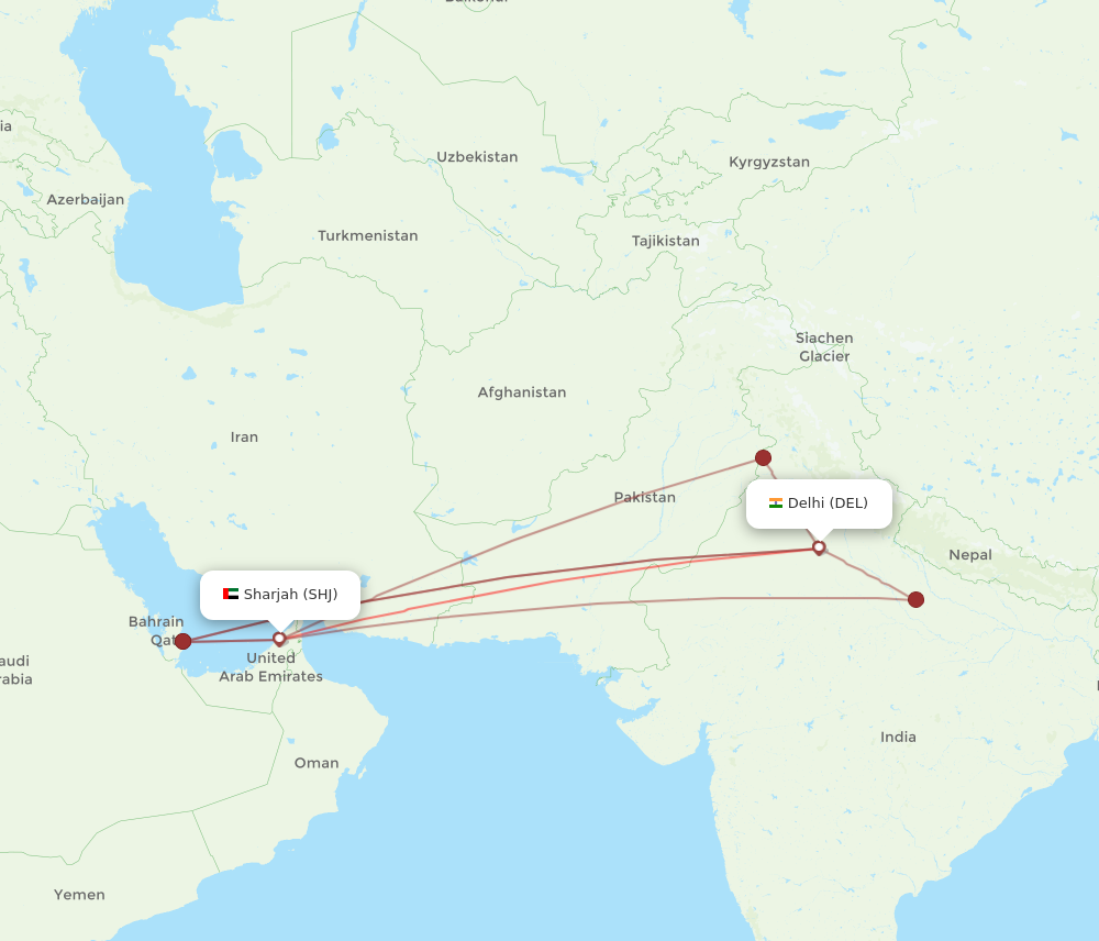DEL to SHJ flights and routes map